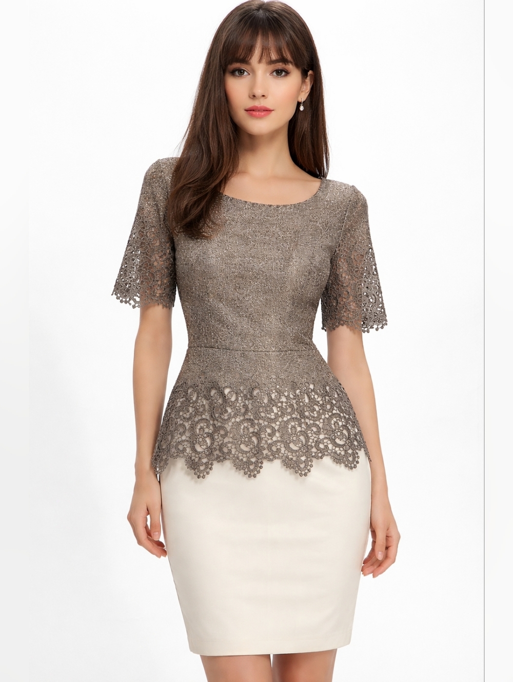 Elegant Taupe Lace Peplum Dress- Size Small